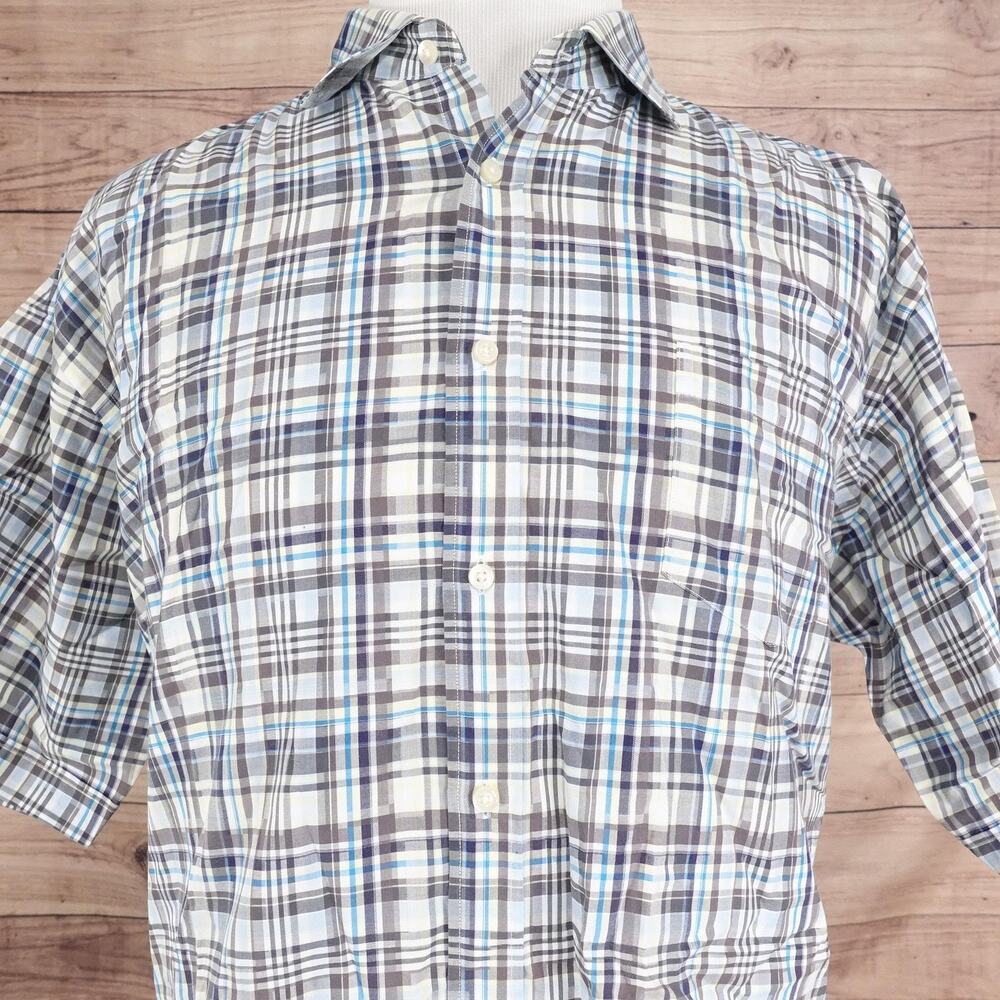 Thomas Dean‎ Shirt Mens 2XL Blue Gray Plaid Short Sleeve Button Down Pima Cotton